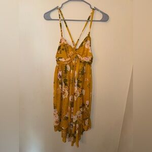 Free People Tunic Womens Medium Mirage Hi-Lo Floral‎ Smocked Beachy Flowy Gold